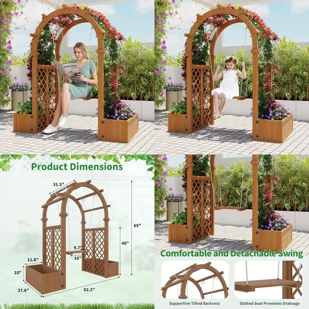 

Outdoor Garden Arbor with Planter Boxes, Swing, and Pergola Trellis for Climbing Plants and Vines