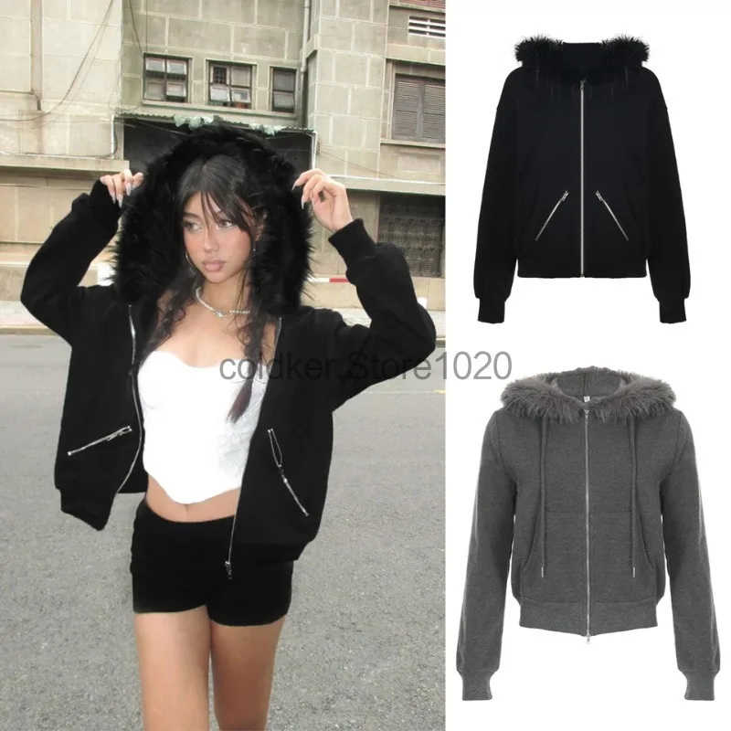 

Y2k женские эстетические толстовки с воротником из искусственного меха в стиле Харадзюку, черные толстовки на молнии в стиле хип-хоп, панк, готика, уличная одежда, куртки EGirl