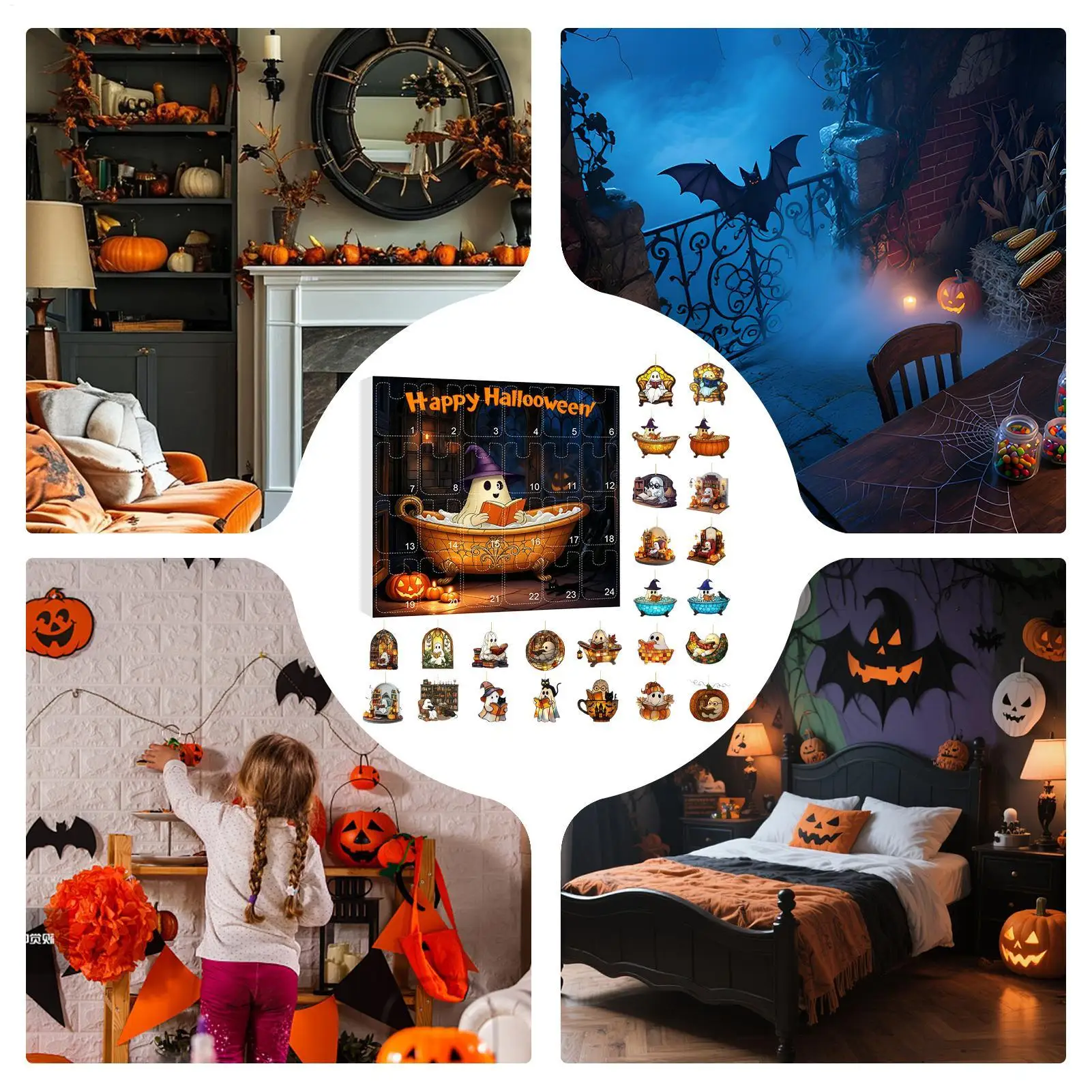 Calendario per il conto alla rovescia fantasma 2025 24 giorni 2025 Calendario di Halloween Avvento Ciondolo fantasma 2D Decorazioni natalizie per la parete del tendaggi di casa