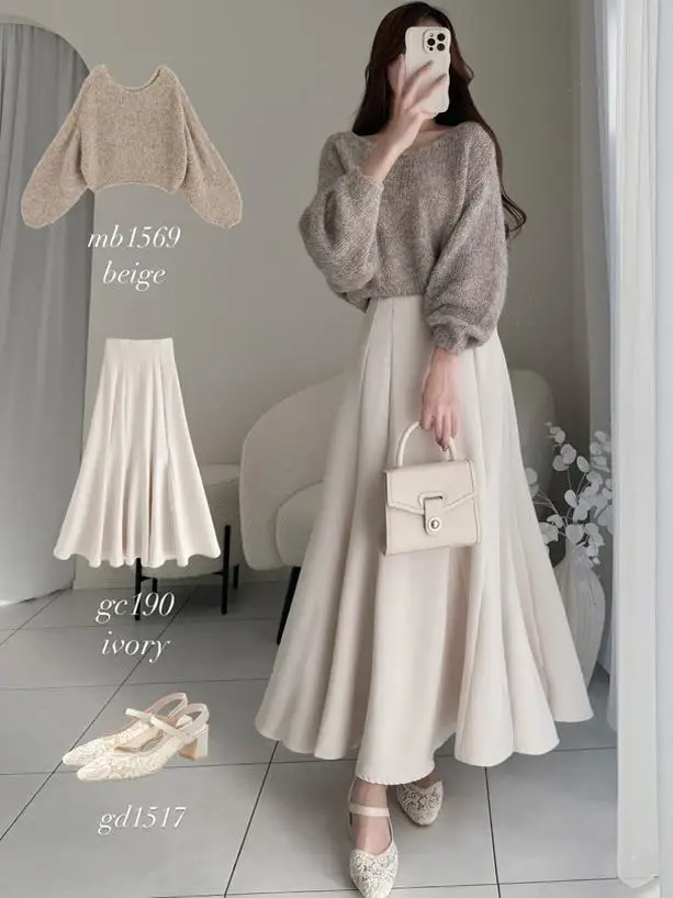 

Spring 2025 Faion High Waist A-Line Midi Skirt Color Elastic Waist Pure Color Sli L Women's Premium Faion Skirt