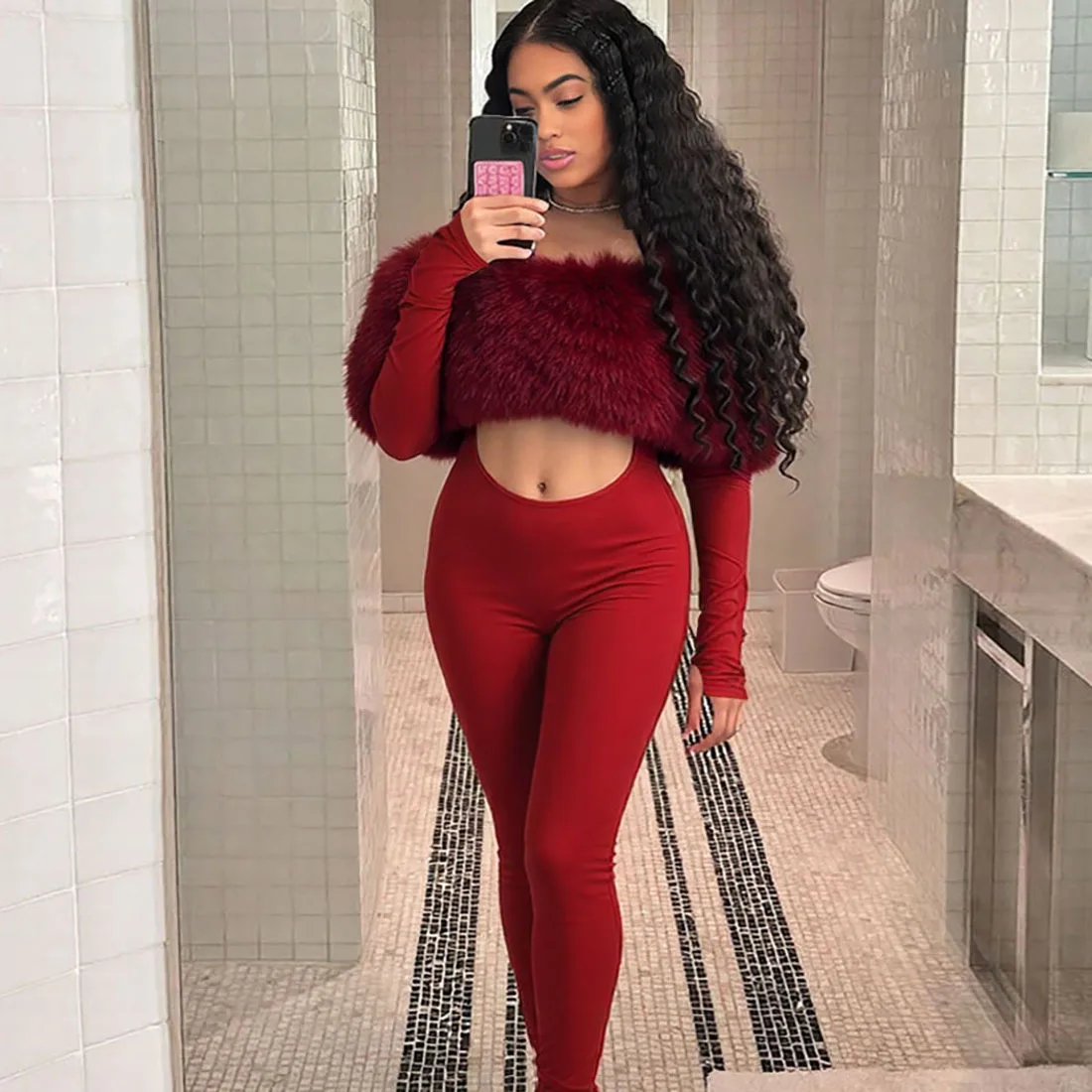 New Furry Slash Neck Jumpsuits Woman Luxury Hipster Patchwork Trend Sexy Hollow Stretch Fitness Club Activity Overalls