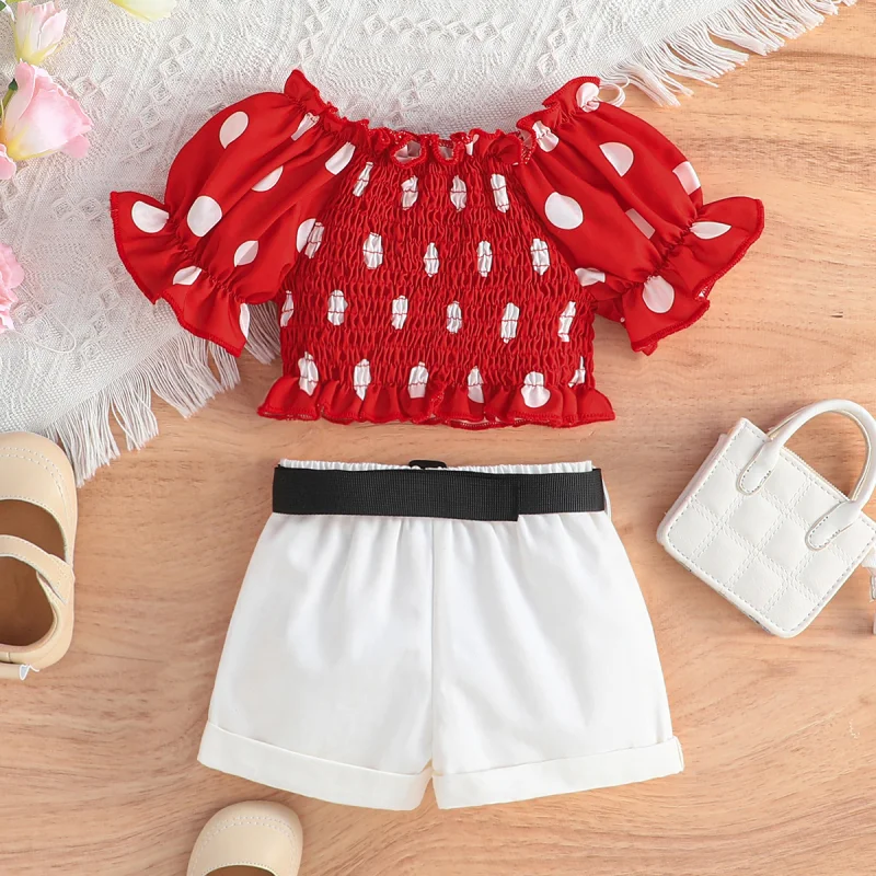 PatPat 2pcs Baby Girl Polka Dots Smocked Top and 100% Cotton Belted Shorts Set