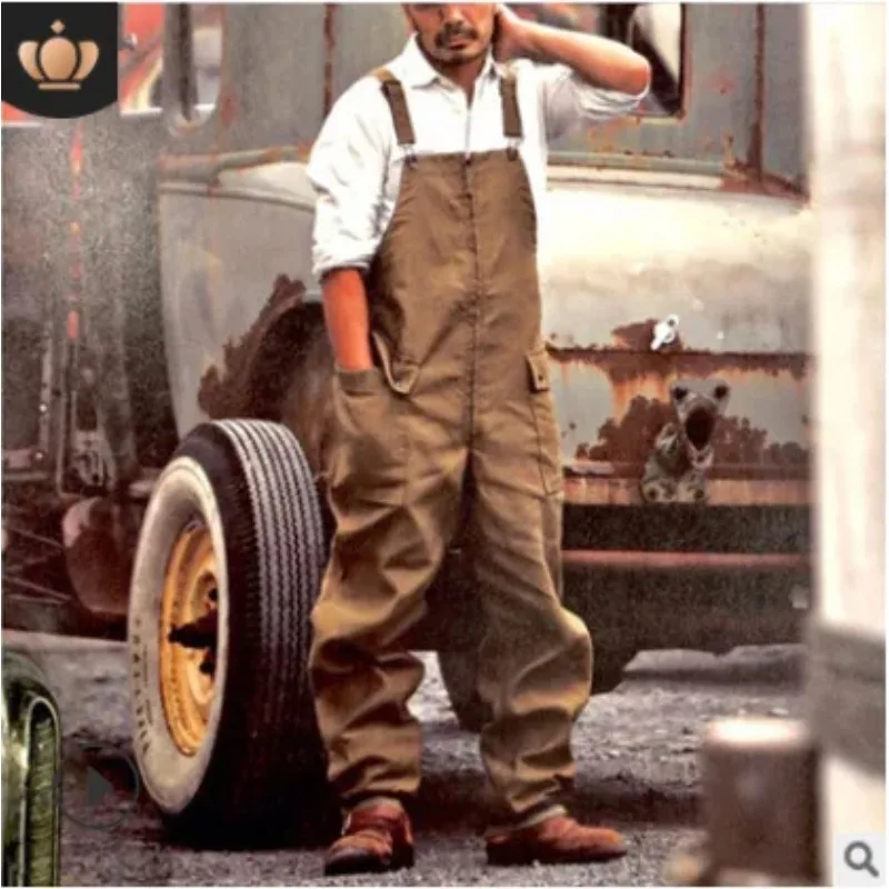 

Men Long Pant Overalls Suspenders Cargo Pants Solid Casual Loose High Waist Pocket Regular Straight Trousers Male 2025 Autumn