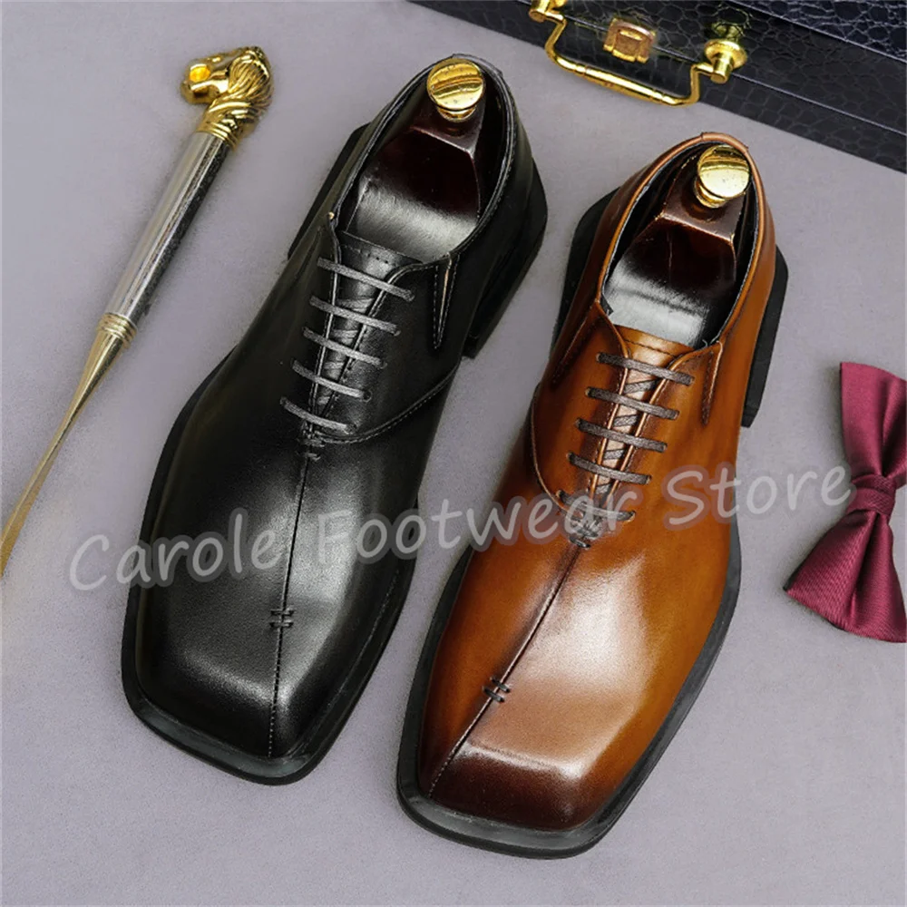Vintage Sewing Design Square Toe Chunky Heel Loafers Male Handmade Genuine Leather Lace-Up Oxfords Business Formal Dress Shoes
