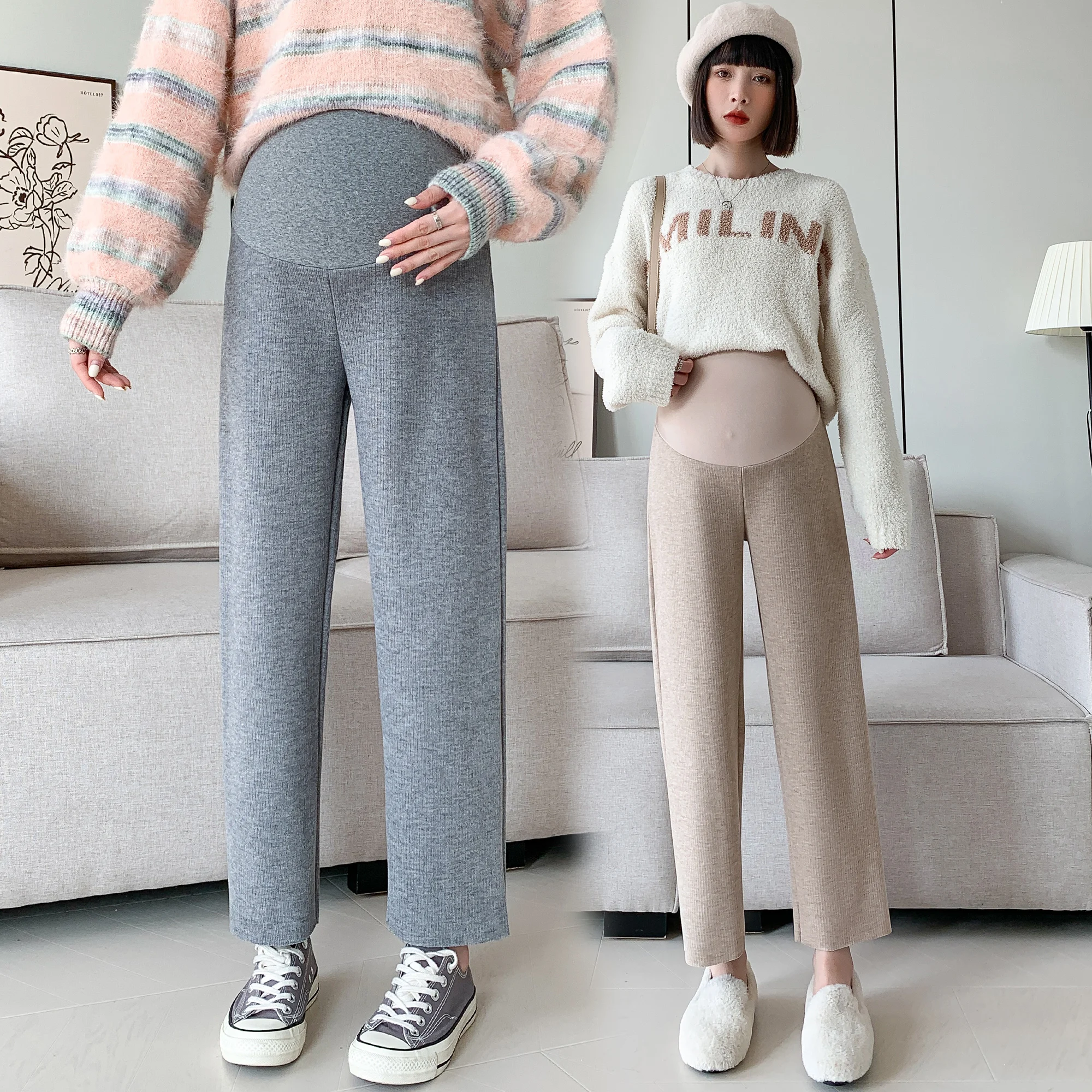 

905# Autumn Winter Dense Striped Maternity Pants Wide Leg Loose Straight Belly Trousers Clothes For Pregnant Women Pregnancy