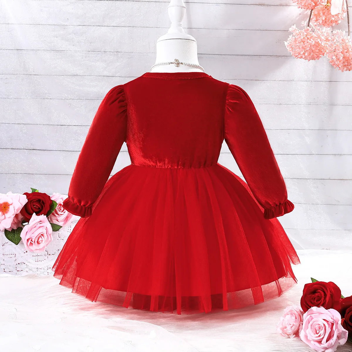 Summer 2023 New Arrivals Girls Long Sleeve Ruffles Flowers Red Cute Roupa Infantil Menina Cute Party Dress Custume 9M-5T