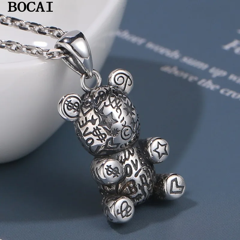 BOCAI S925 Pure Silver Retro Light lLuxury Personality Cute Graffiti Bear Pendant Gift For Couples