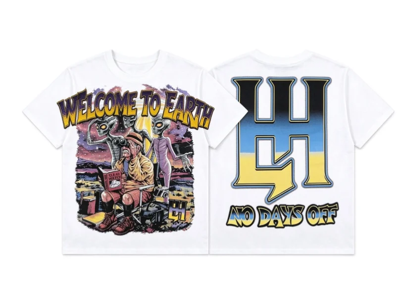 2026new Black vintage double-sided short-sleeve tee alien visitor graffiti print American retro sci-fi vintage high street style