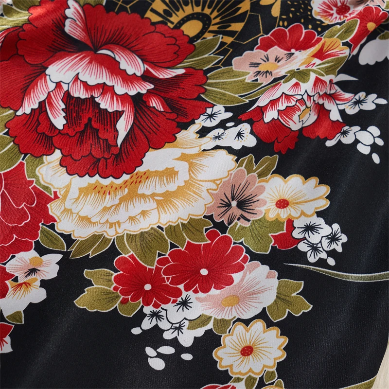 Damenkleidung Japanischer Kimono Schwarz V-Ausschnitt Blumendruck Langarm Schnür-Minikleid Sexy Locker Sitzende Strickjacke mit Schleife an der Taille – Detail 5