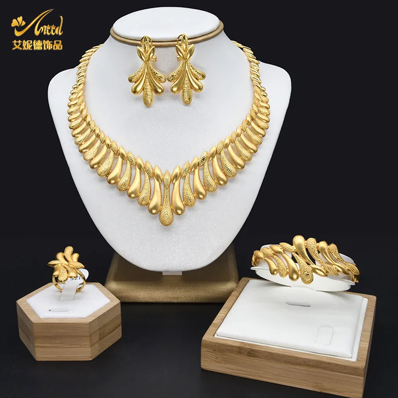 Irregular 3D Minimalist Luxury Necklace Bracelet Earrings Ring 4-Piece Set Women 24K Gold AU999 - Gold enhances texture