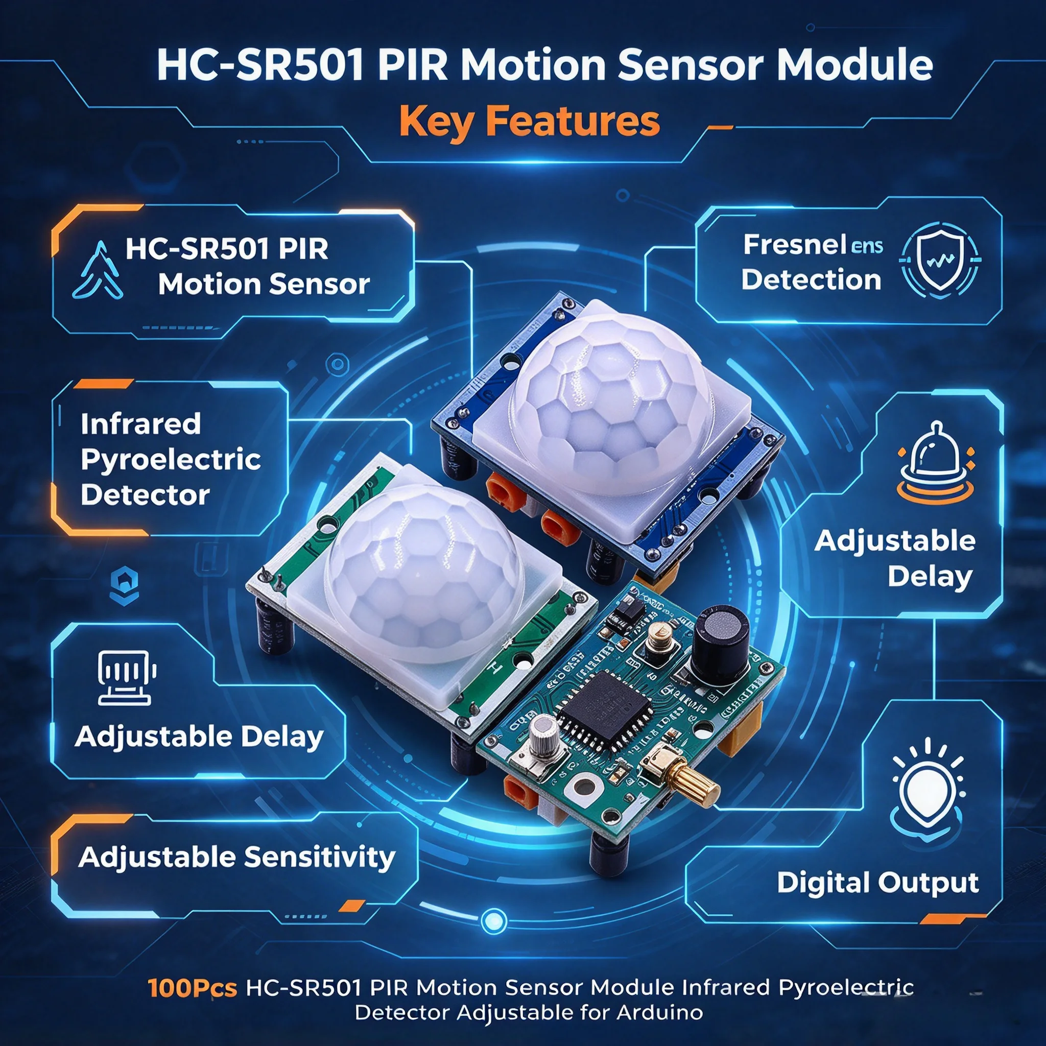 100Pcs HC-SR501 PIR Motion Sensor Module Infrared Pyroelectric Detector Adjustable for Arduino