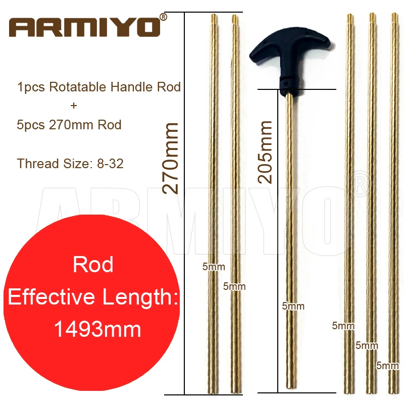 Armiyo 773mm ~ 1750mm Length Tactical Rotatable 4mm / 5mm Brass Rod Pipeline Bore Cleaning Brush Thread Size 5-40 / 8-32 Hunting