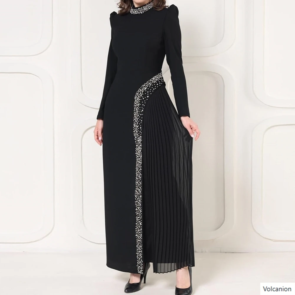 

Customized A-line Evening Dresses Ankle-length High-neck Full Sleeve Prom Gown Fashion Crystal Pleat Simple Draped Party Gown