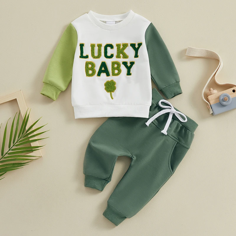 Boys St Patrick s Day Outfit Long Sleeve Shamrock Embroidery Pullover and Elastic Waistband Pants Set for Toddlers