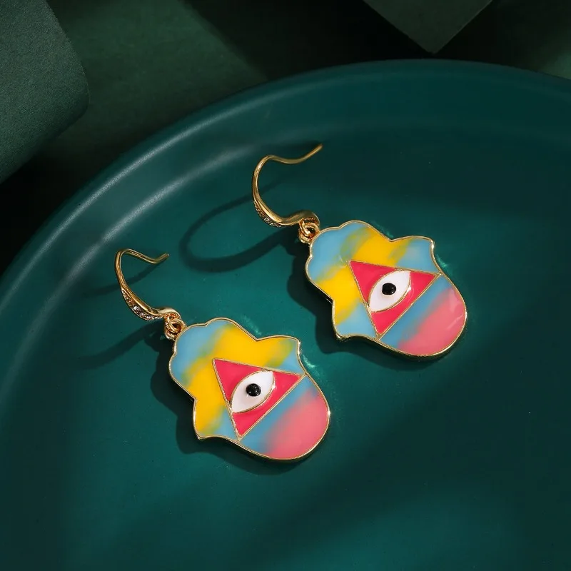 

New Niche Design Sense of Enamel Glazed Eyes Shape Hand Dangle Earrings Personality Light Luxury Ear Fishhook Earrings for Women