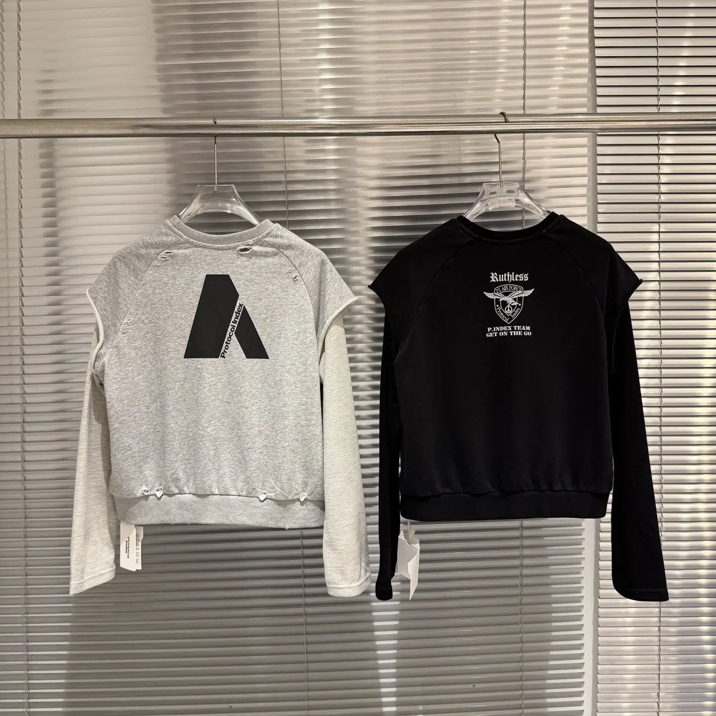 Protocol index 26ss fake two-piece stitched waffle badge embroidered vintage print long-sleeved sweater