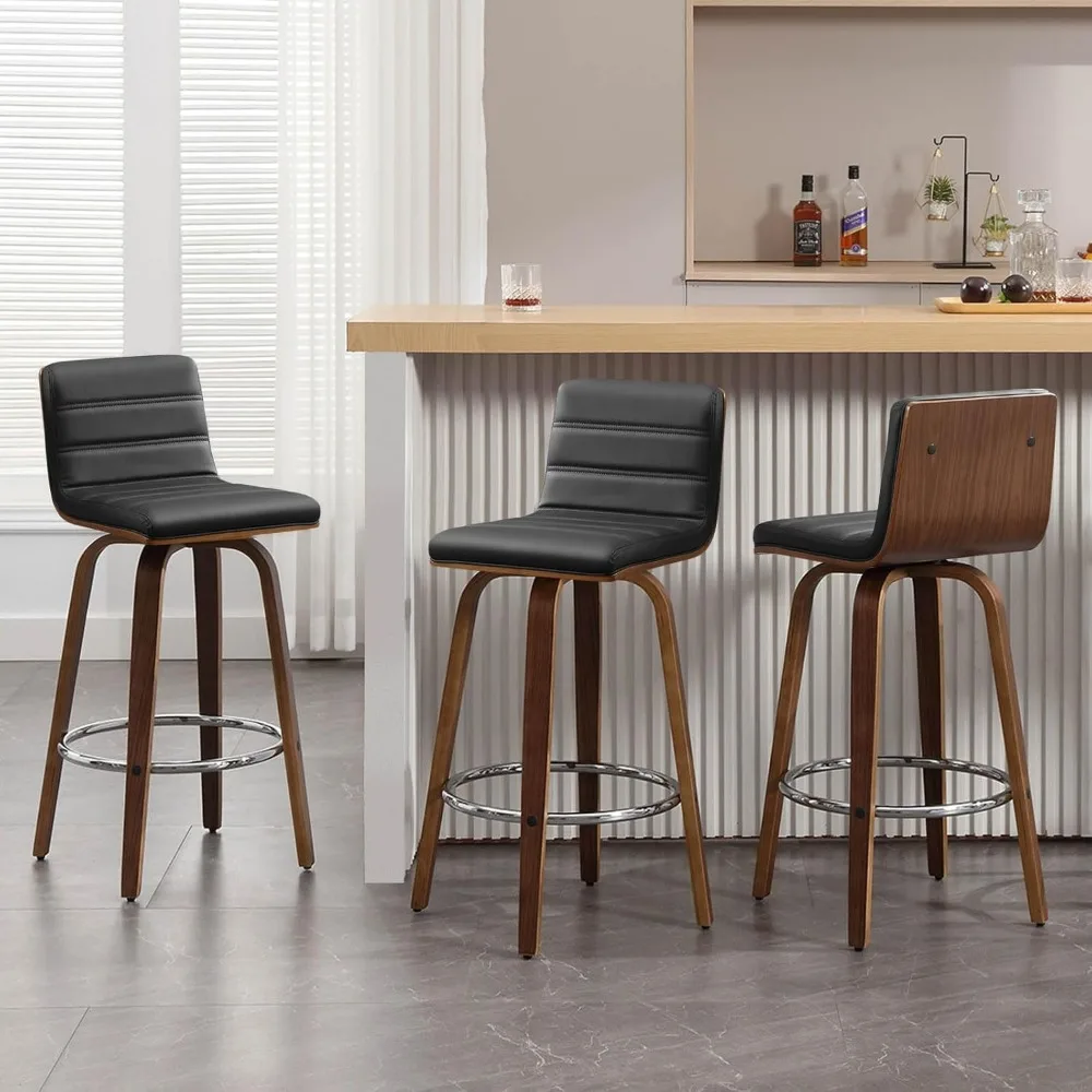 

26 Inch Counter Height Bar Stools Set of 3 - Swivel PU Leather with L Shape Back & Solid Bentwood Legs - Mid-Century Modern