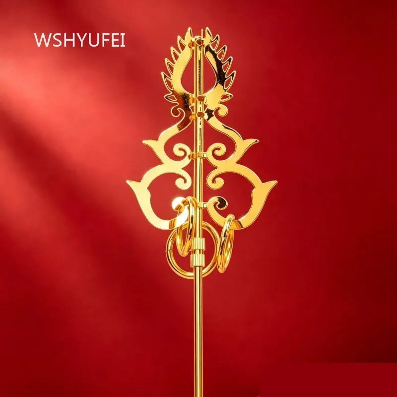 Electroplated alloy Hand Held Ritual Implement for Buddha Statue Ornate Filigree Scepter Mini Altar Tool Buddhist Shrine Decor