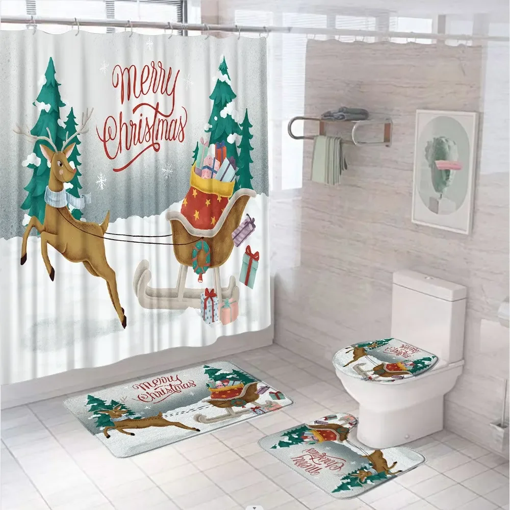 Winter Cedar Reindeer Christmas Shower Curtain Sets Non-Slip Rugs Toilet Lid Cover Xmas Deer Festive Bathroom Curtains 12 Hooks