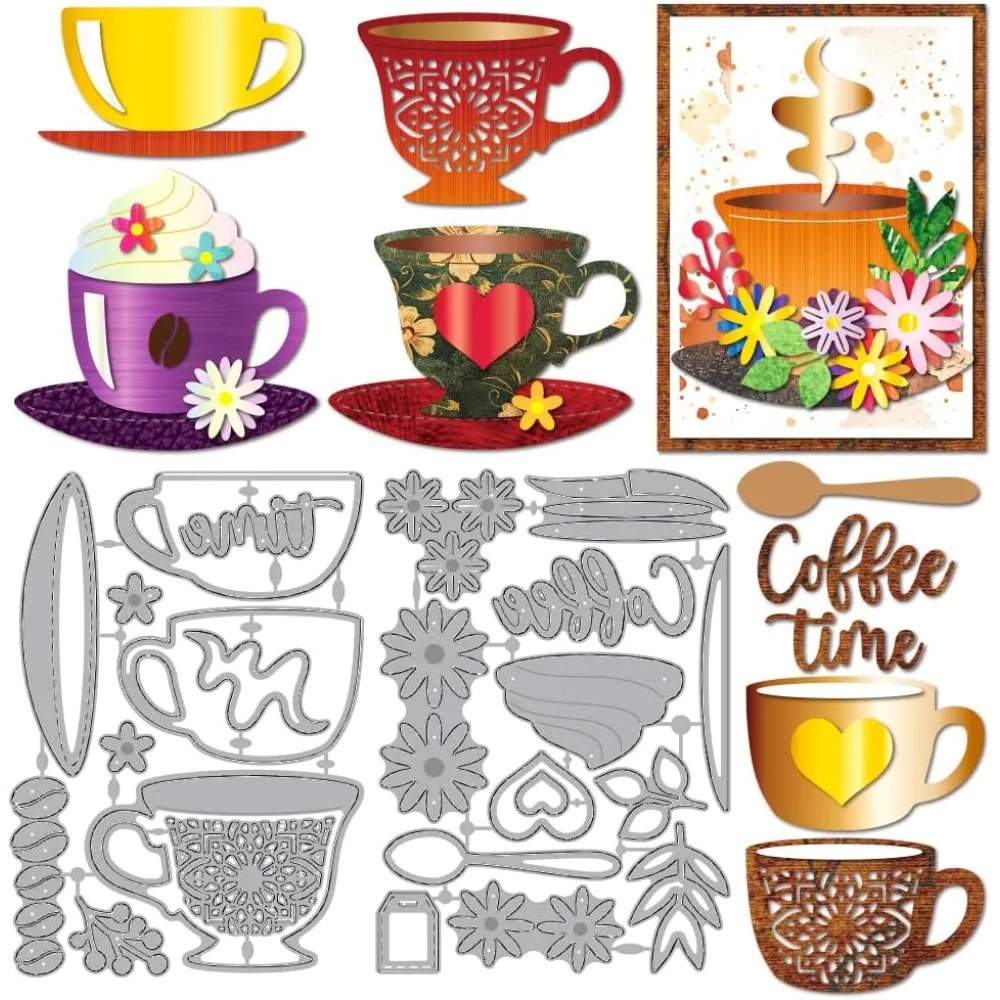 Kaffeetassen-Stanzformen Untertasse Löffel Metall-Stanzschablonen Blumen Gänseblümchen Farbige Creme Prägeschablonen aus Kohlenstoffstahl