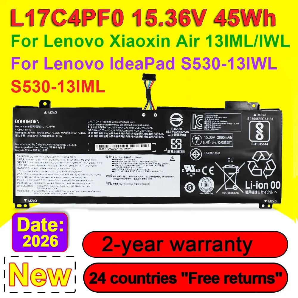 DODOMORN L17C4PF0 L17M4PF0 For Lenovo Xiaoxin Air 13IWL 13IML Ideapad S530-13IWL Laptop Battery 15.36V 45Wh 4ICP4/41/110 OEM