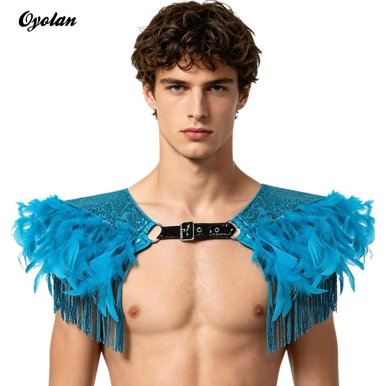 Mens Womens Gold Feather Sequin Tassel Shoulder Armor Performance Costume Accessory Medieval Gothic Epaulet Shrug Fringe Harness
