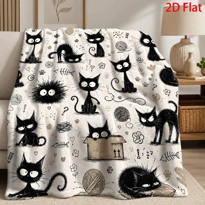Sketch Black Cat Pattern Flannel Throw Blanket,Vintage Hand‑Drawn Cat Print Soft Blanket for Sofa Bed Household