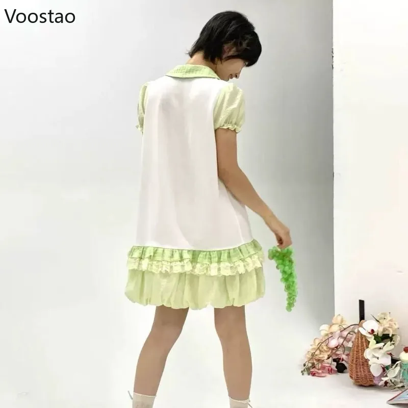 Vintage Süße Lolita Stil Kleid Frauen Japanische Kawaii Spitze Rüschen Party Mini Kleider Koreanische Nette Print Puff Sleeve Fee Kleid
