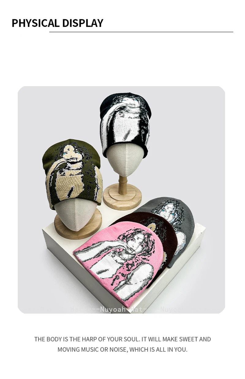 Neue Herren- und Damenmützen mit Jacquard-Anime-Motiven, warme Farbblock-Designs, modische Hip-Hop-Beanies, vielseitige Retro-Streetwear. – Detail 4