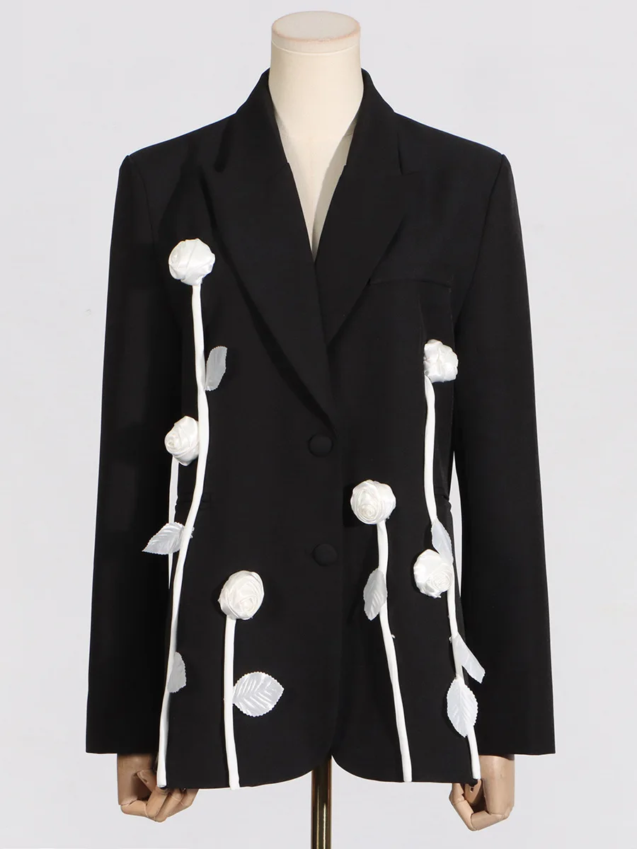 Damen-Anzugjacke mit langen Ärmeln, Kleidung, 2024, neuer Artikel, High-End-Blumen-Spleißen, schmale Passform, modisches Design, Top, Herbst und Winter