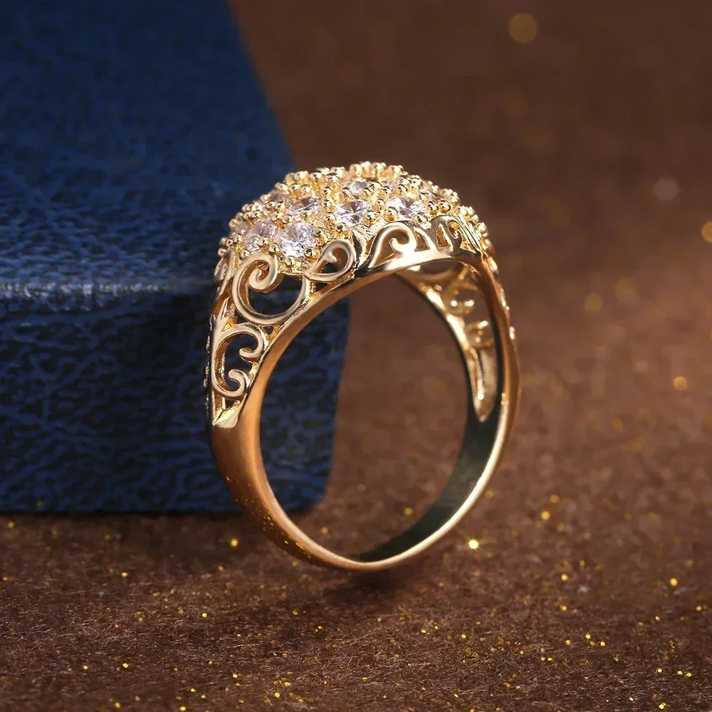 Gorgeous Gold Color Bridal Wedding Rings Full Cubic Zirconia Brilliant Lady Party Accessories High-quality Women Jewelry