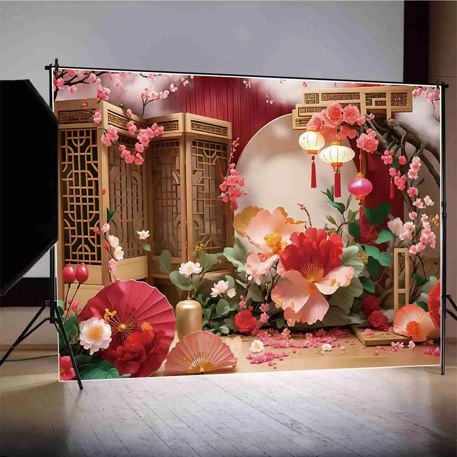 MOON.QG Chinese Spring Festival Photography Background Paper Flowers Cloud Plum Biossom Photocall Backdrop Children Photo Studio