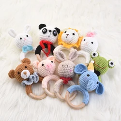 1Pcs Baby Teething Ring Food Grade Crochet Cartoon Animal Toy Wooden Teether Round Ring Bracelet For Baby Cot Hanging Rattle Toy