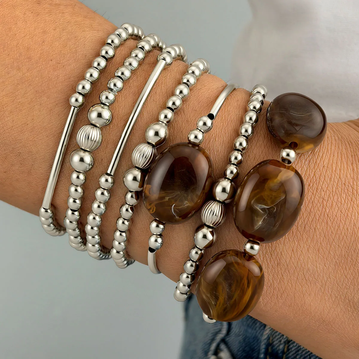 7Pcs Bohemian Fire Agate Multi Layer Bracelet Silver Ball Chain Open Design Stackable Cuff Boho Chic Women Fashion Jewelry Gifts