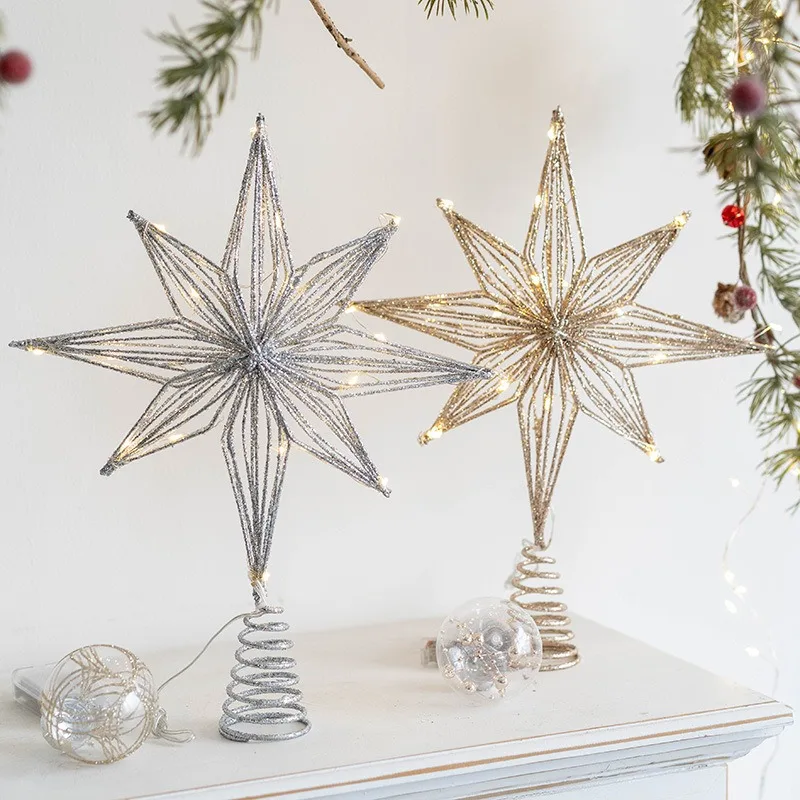 Christmas Decoration Iron Tree Topper Light Up Five Pointed Star Ornament Glowing Star Hanging Decor for Christmas Tree