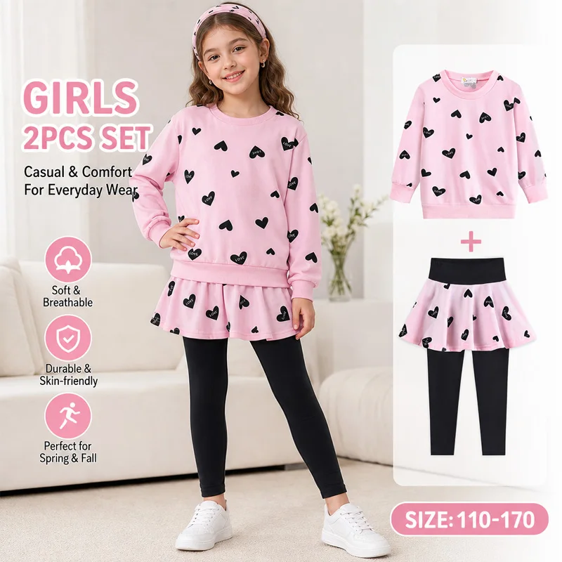 Little Hand Girls Valentines Outfit Heart Print Toddlers Sweatshirt Top Long Pantskirts 2pcs Pant Set for 2-10T Outside Clothing