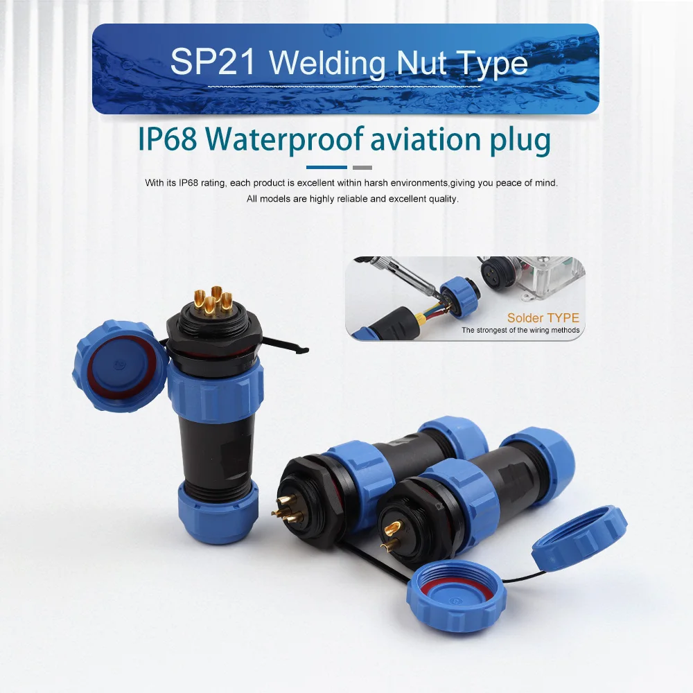SP21 IP68 Waterproof Nut Type Connector Welding Aviation Plug Socket Outdoor Solder Wiring Connection 2/3/4/5/6/7/9/10/12 Pin