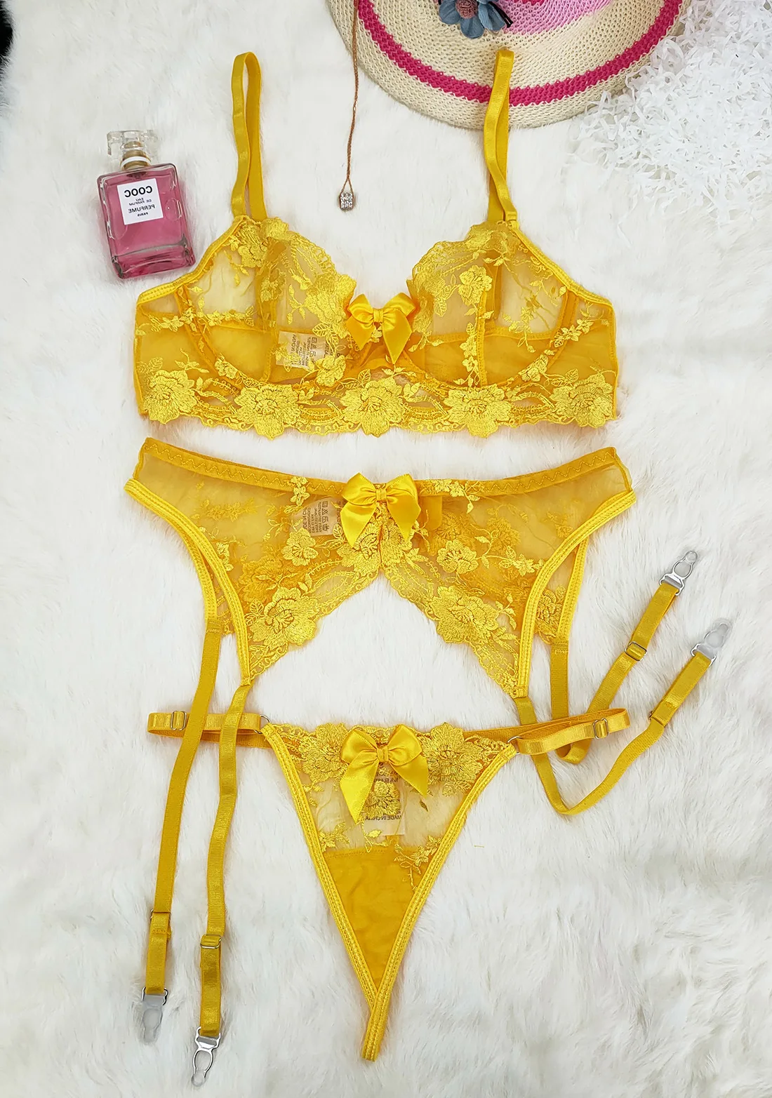 

Mesh embroidered bra panties garter three-piece suit erotic lingerie sexy butterfly bralette underwear women