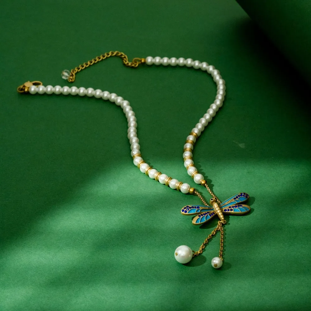 

Retro Enamel Glaze Blue Dragonfly Long Tassel Pearl Necklace New Chinese Style Three-dimensional Insect Clavicle Chain