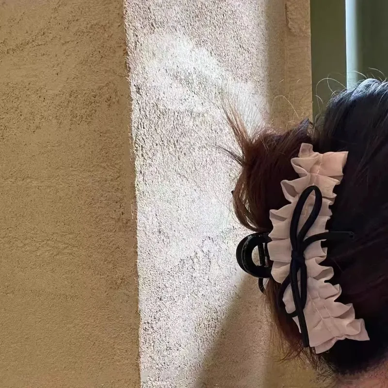 

French Balletcore Hair Claw Clip for Girls Ruffle Lace Bow Clamp with Flounce Detail Premium Hair Shark Claw Elegant Hair Holder