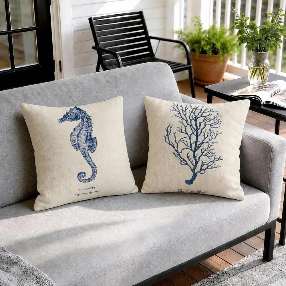 Minimalist Marine Life Cushion Cover Natural Linen Organic Fabric Double-Sided Printing Sofa Home Decor Gift Pillow Cover