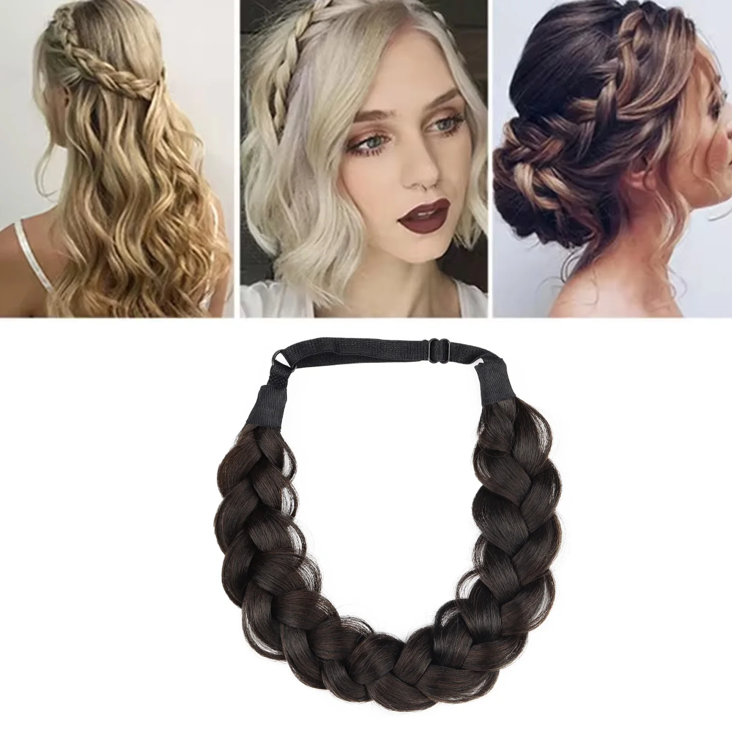 Wide Fishtail Braided Synthetic Fashionable Hair Headband Hair Extensions Adjustable Twist Elastic for Women