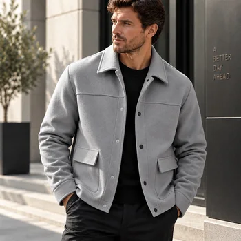 Men's Short Brushed Shirt Jacket Long Sleeve Snap Button Loose Fit Soft Warm Casual Outerwear for Everyday Wear Autumn Winter 1