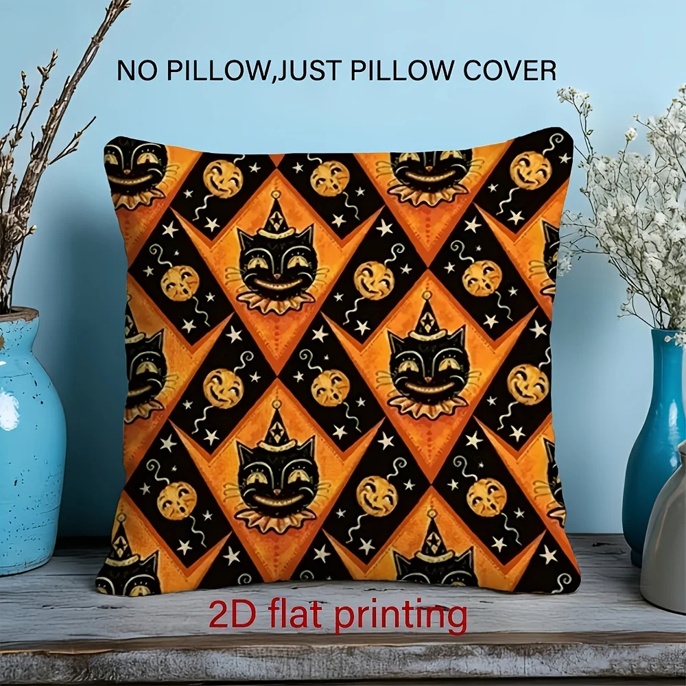 2D Flat - 1 Pack 2D Halloween Black Cat Pumpkin Throw Pillow Cover, Hidden Zipper Cushion Slipcover, Double-Sided Printed Decorative Pillow Case, No Pillow Insert, Universal Home Decor for Sofa Bedroom Car Office