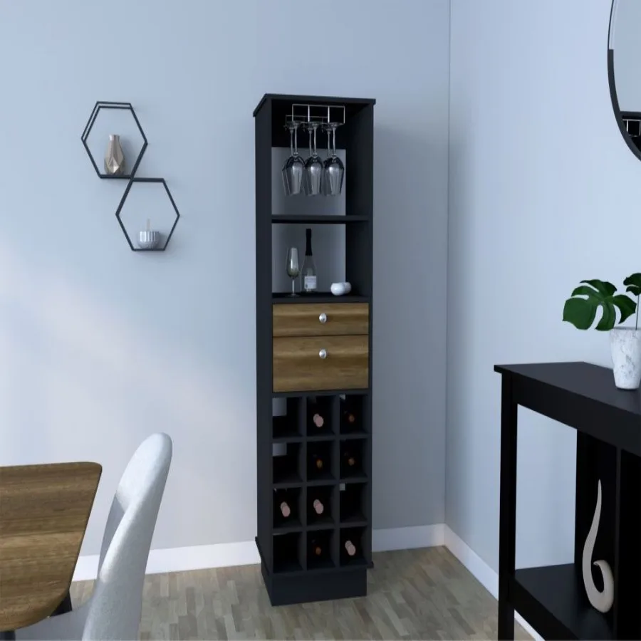 

Bar Cabinet Bureck Two Drawers Twelve Wine Cubbies Black gue Walnut Finish