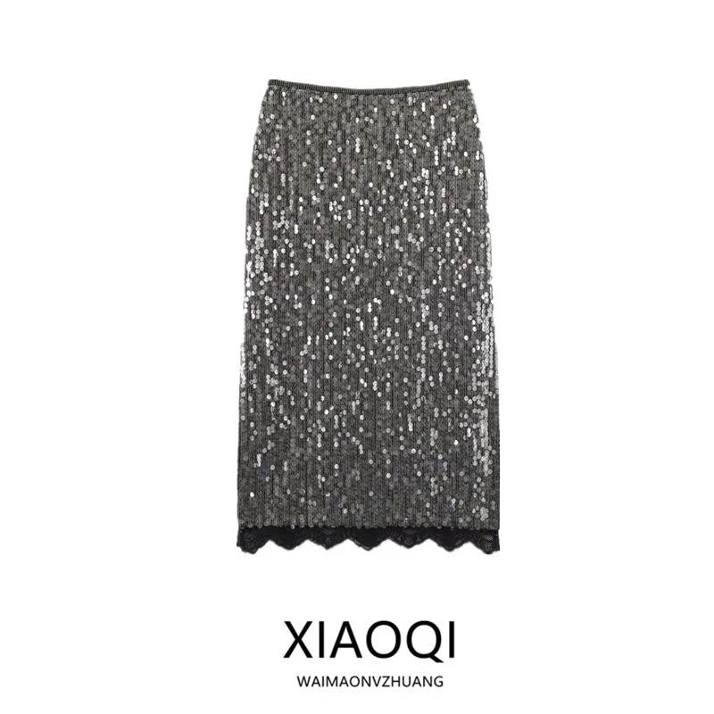 Winter 2025 Mid-Length Lace Half Skirt Women's Design Sensation Bead Sequin Embellished Straight Cut City Commute Style