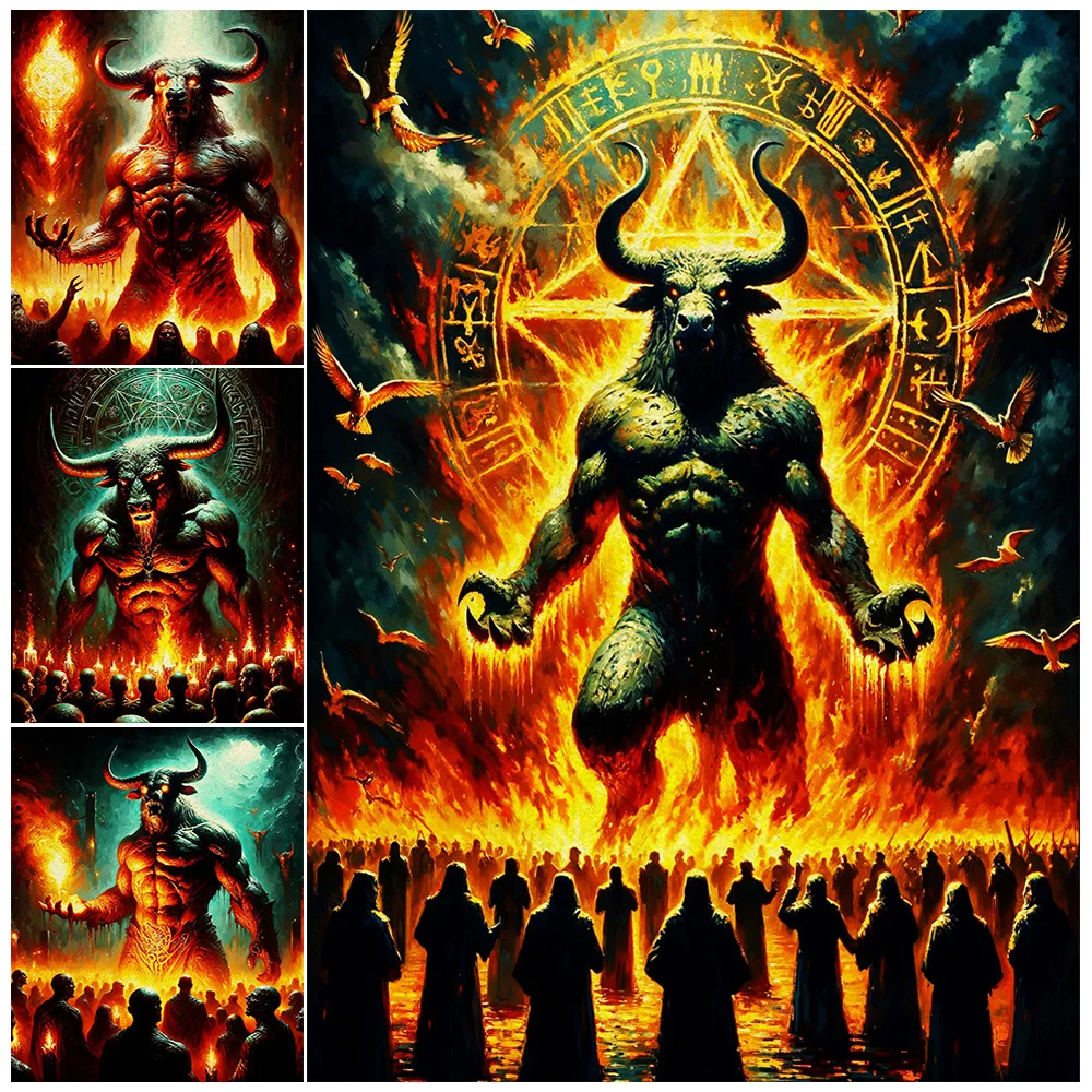 

Minotaur And Followers, Vitnage Wall Art Canvas Painting, Pagan Witchcraft Worship Artwork, Poster And Pirnt Home Decor Unframed