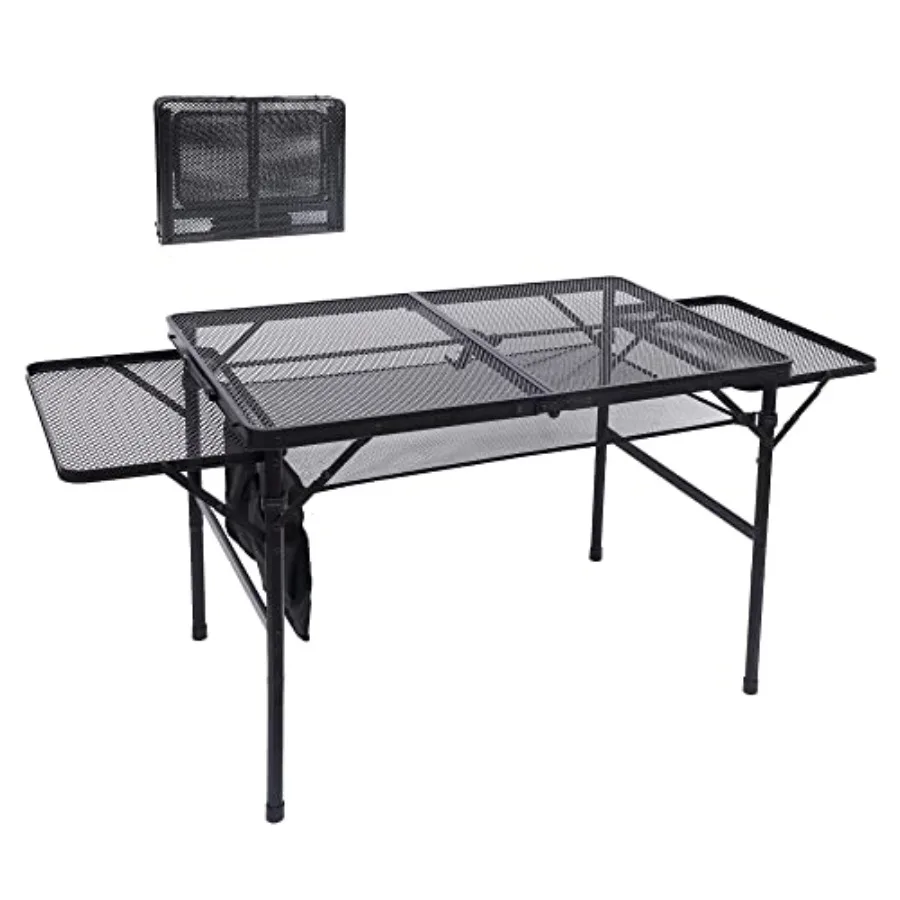 

Folding Grill Table for Camping and Tailgating, Metal, Black, Adjustable Height and Width with Mesh Net and Carry Handle