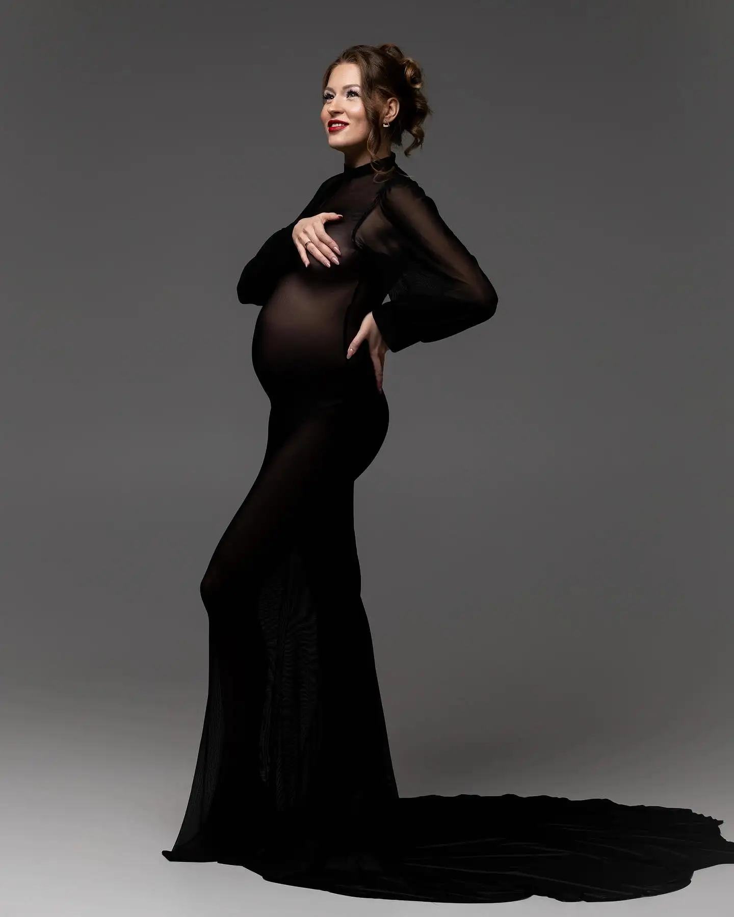 

2025 new maternity dress photo shoot lace high collar enlarged tail stretch maternity dress party sexy women photo