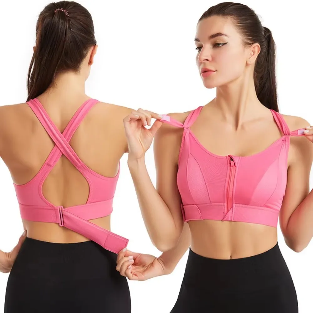 Sports Bras Adjustable Zip Front For Women With Full Coverage Removable Padded Workout Bras High Impact Adjustable Strap